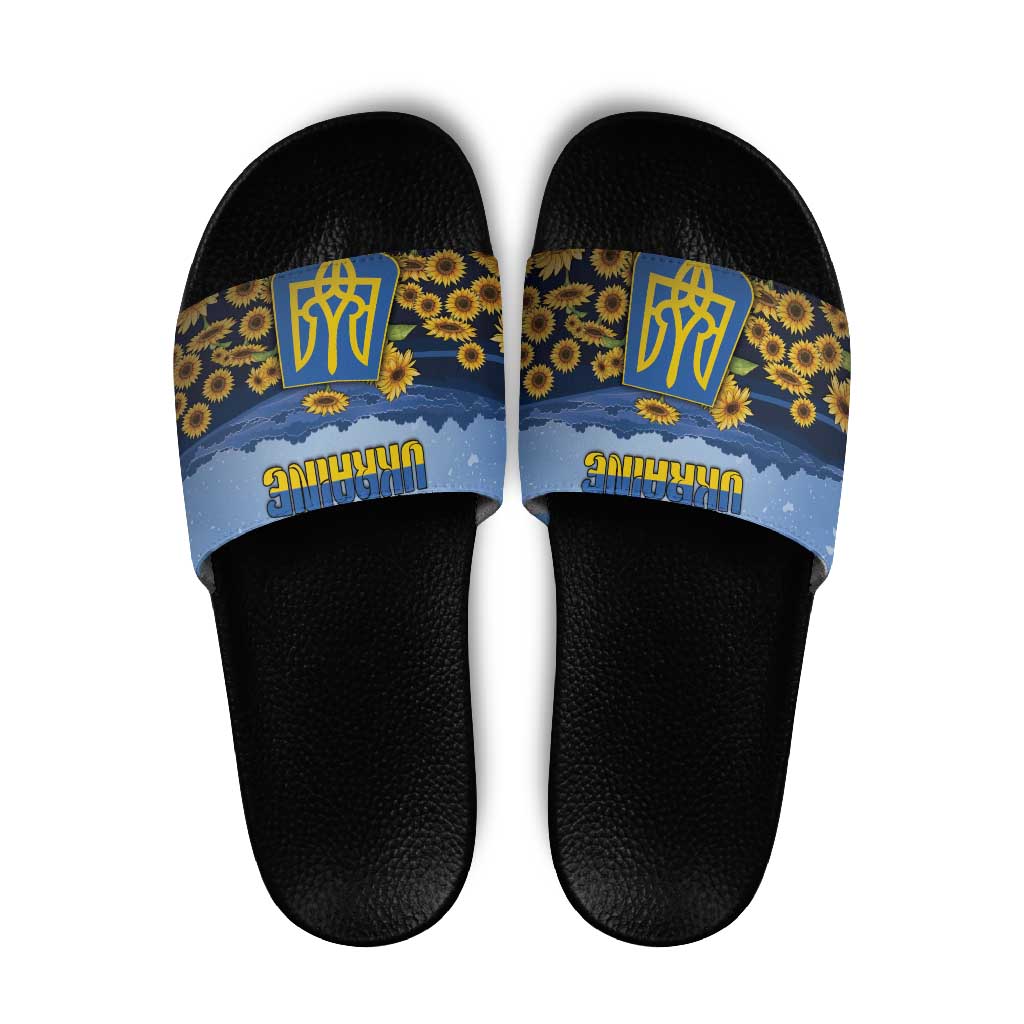 Ukraine Slide Sandals Coat Of Arms On Sunflower Field - Wonder Print Shop