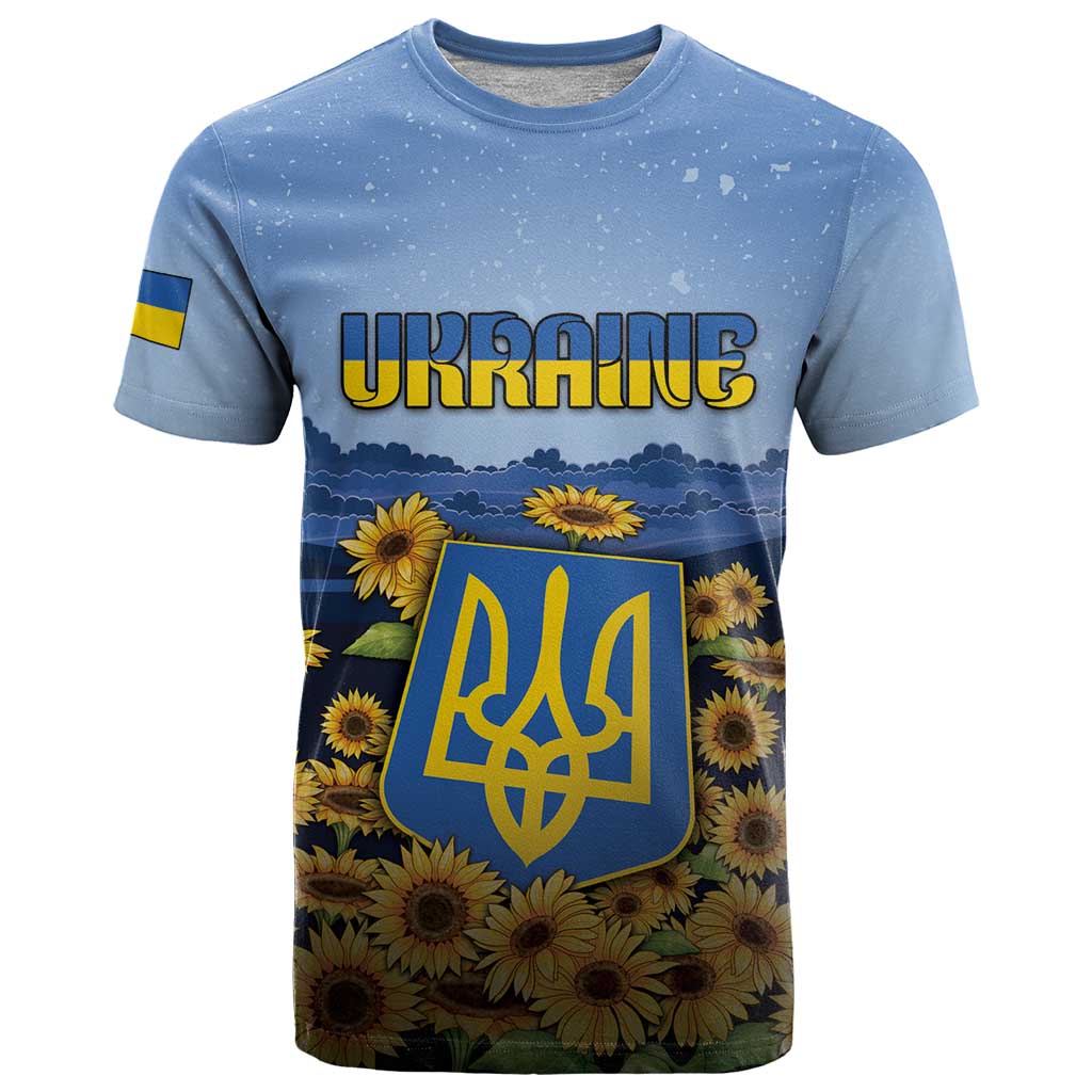 Personalized Ukraine T Shirt Coat Of Arms On Sunflower Field - Wonder Print Shop