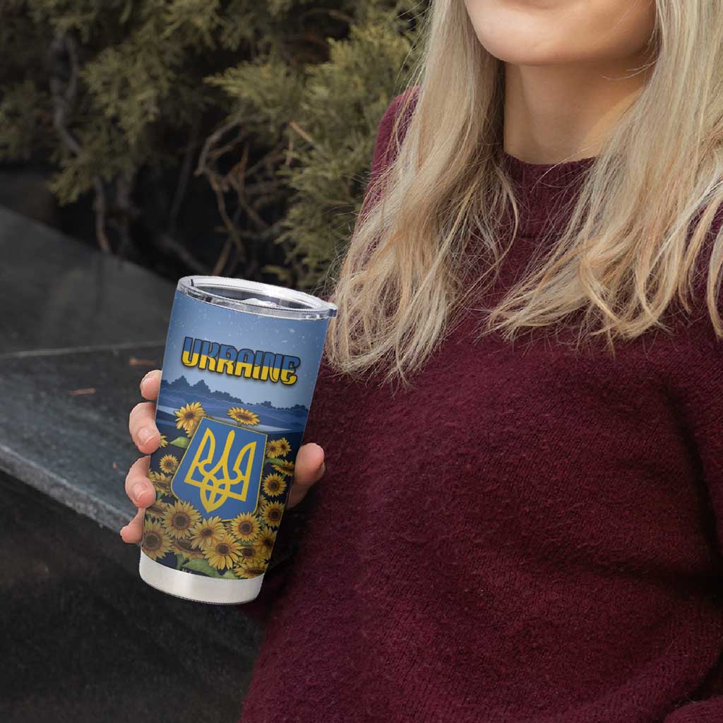 Personalized Ukraine Tumbler Cup Coat Of Arms On Sunflower Field - Wonder Print Shop