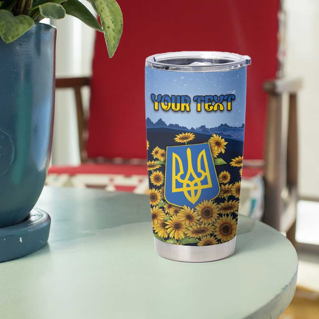 Personalized Ukraine Tumbler Cup Coat Of Arms On Sunflower Field - Wonder Print Shop