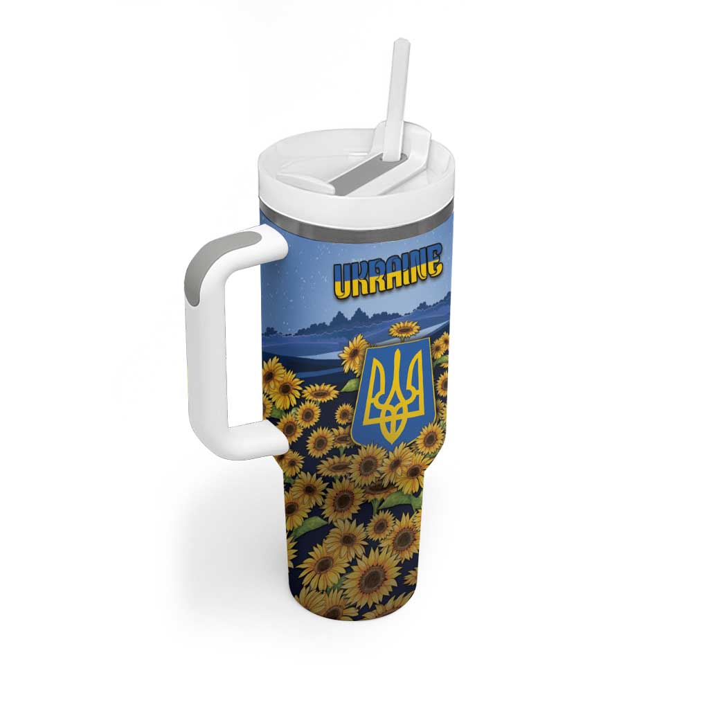 Personalized Ukraine Tumbler With Handle Coat Of Arms On Sunflower Field - Wonder Print Shop