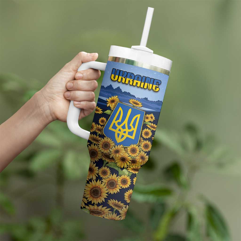 Personalized Ukraine Tumbler With Handle Coat Of Arms On Sunflower Field - Wonder Print Shop