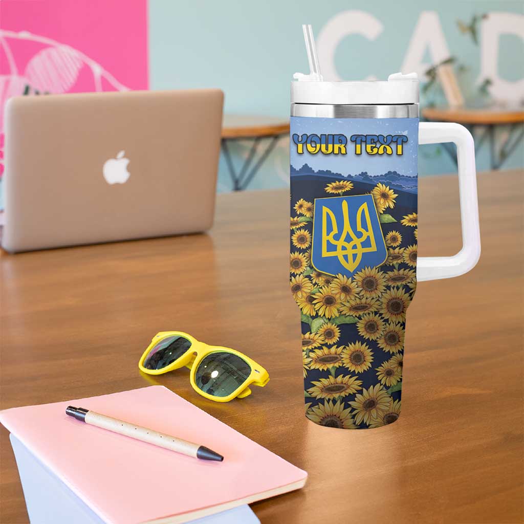 Personalized Ukraine Tumbler With Handle Coat Of Arms On Sunflower Field - Wonder Print Shop