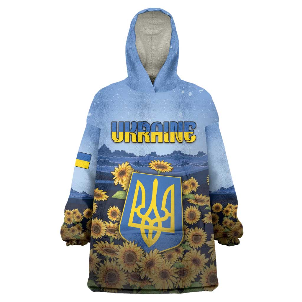 Personalized Ukraine Wearable Blanket Hoodie Coat Of Arms On Sunflower Field - Wonder Print Shop