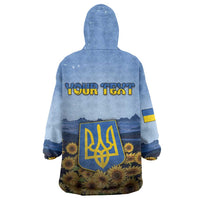Personalized Ukraine Wearable Blanket Hoodie Coat Of Arms On Sunflower Field - Wonder Print Shop