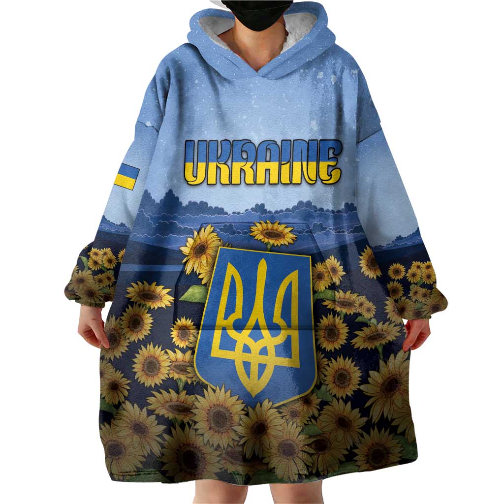 Personalized Ukraine Wearable Blanket Hoodie Coat Of Arms On Sunflower Field - Wonder Print Shop