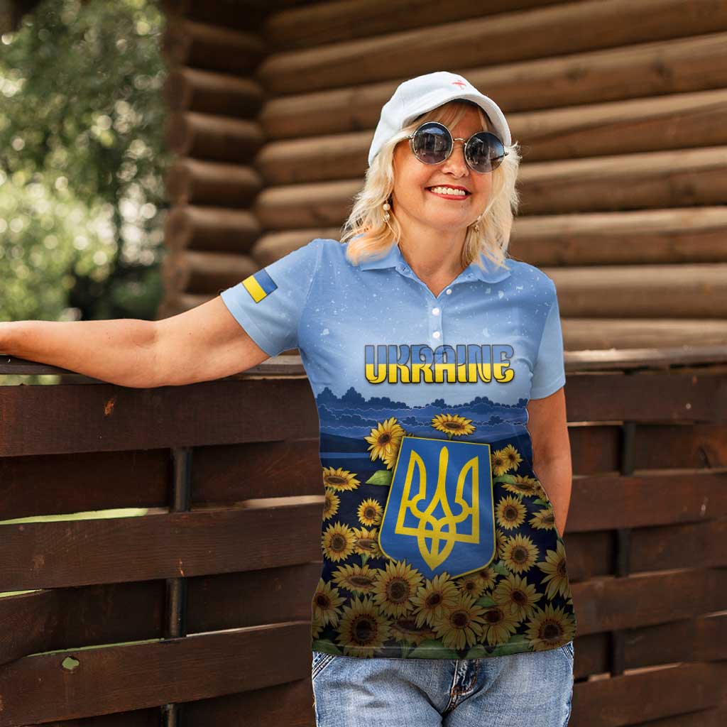 Personalized Ukraine Women Polo Shirt Coat Of Arms On Sunflower Field - Wonder Print Shop
