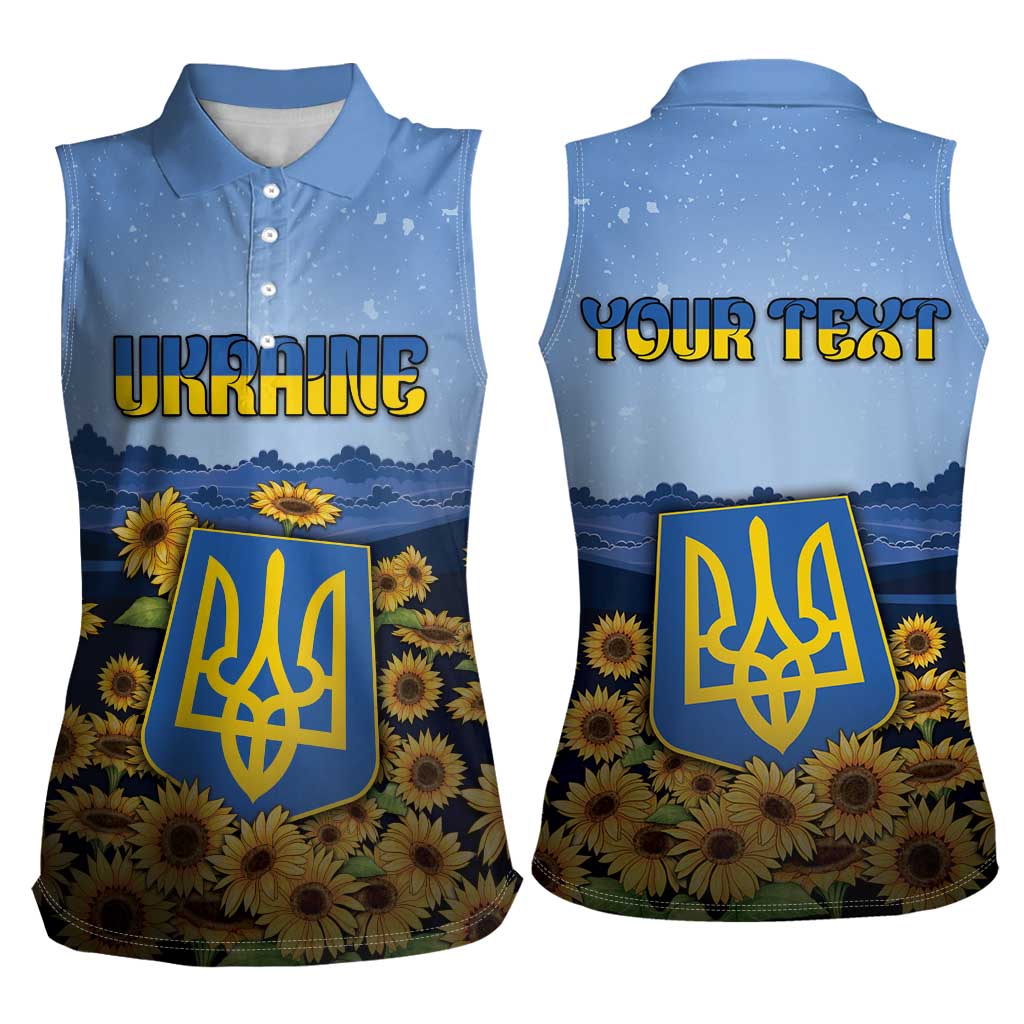 Personalized Ukraine Women Sleeveless Polo Shirt Coat Of Arms On Sunflower Field - Wonder Print Shop
