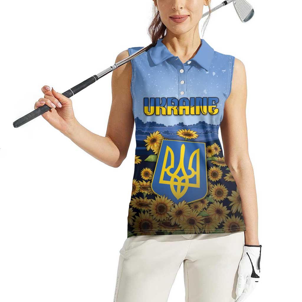Personalized Ukraine Women Sleeveless Polo Shirt Coat Of Arms On Sunflower Field - Wonder Print Shop