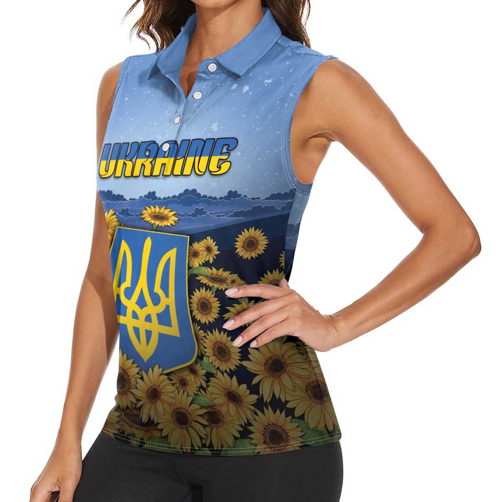 Personalized Ukraine Women Sleeveless Polo Shirt Coat Of Arms On Sunflower Field - Wonder Print Shop