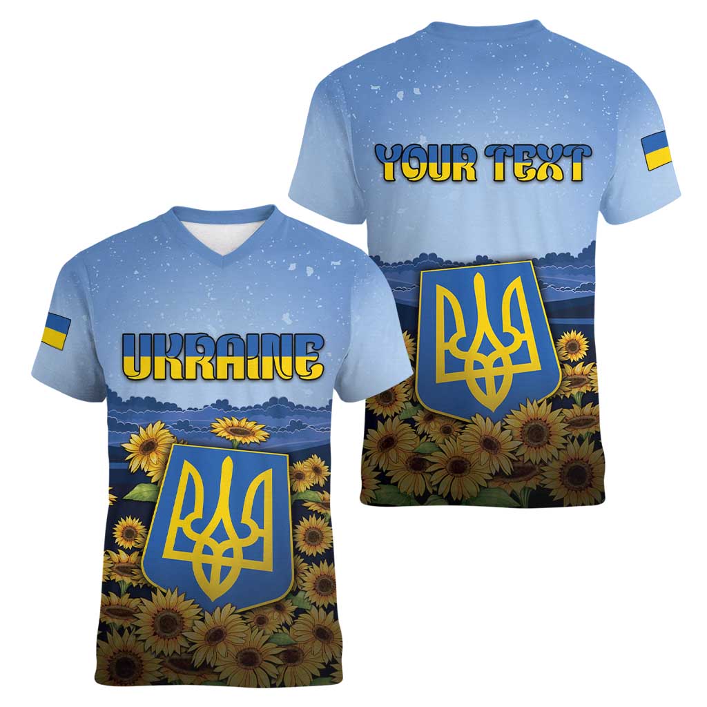 Personalized Ukraine Women V-Neck T-Shirt Coat Of Arms On Sunflower Field - Wonder Print Shop