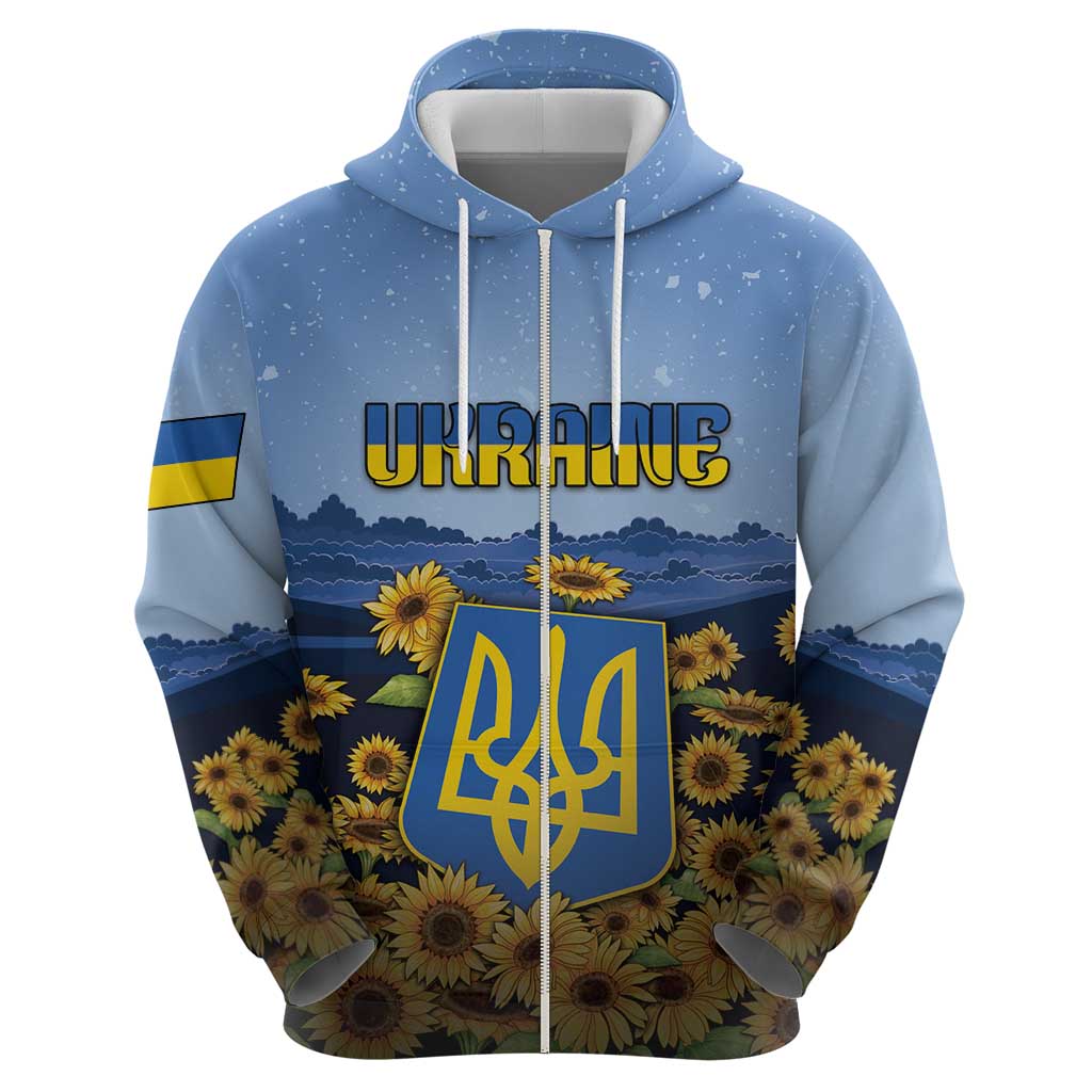 Personalized Ukraine Zip Hoodie Coat Of Arms On Sunflower Field - Wonder Print Shop