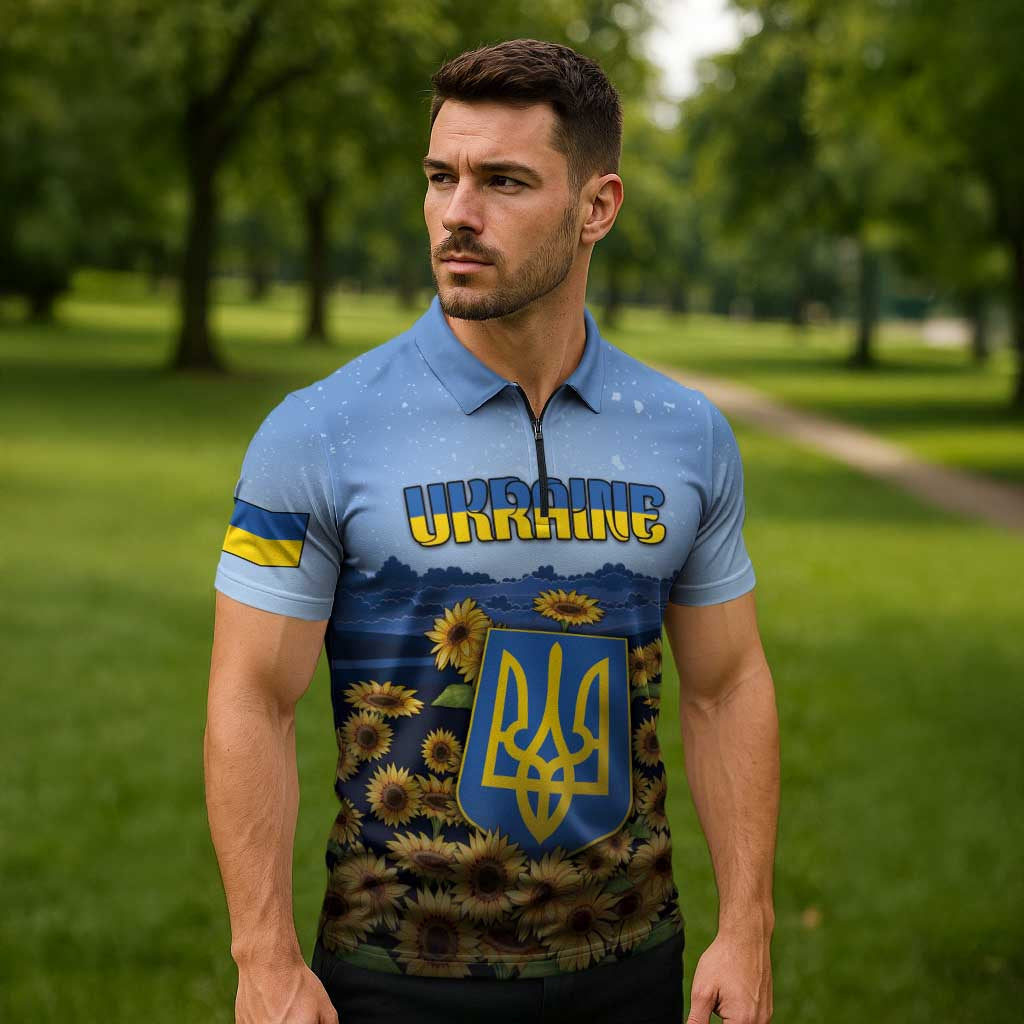 Personalized Ukraine Zipper Polo Shirt Coat Of Arms On Sunflower Field - Wonder Print Shop