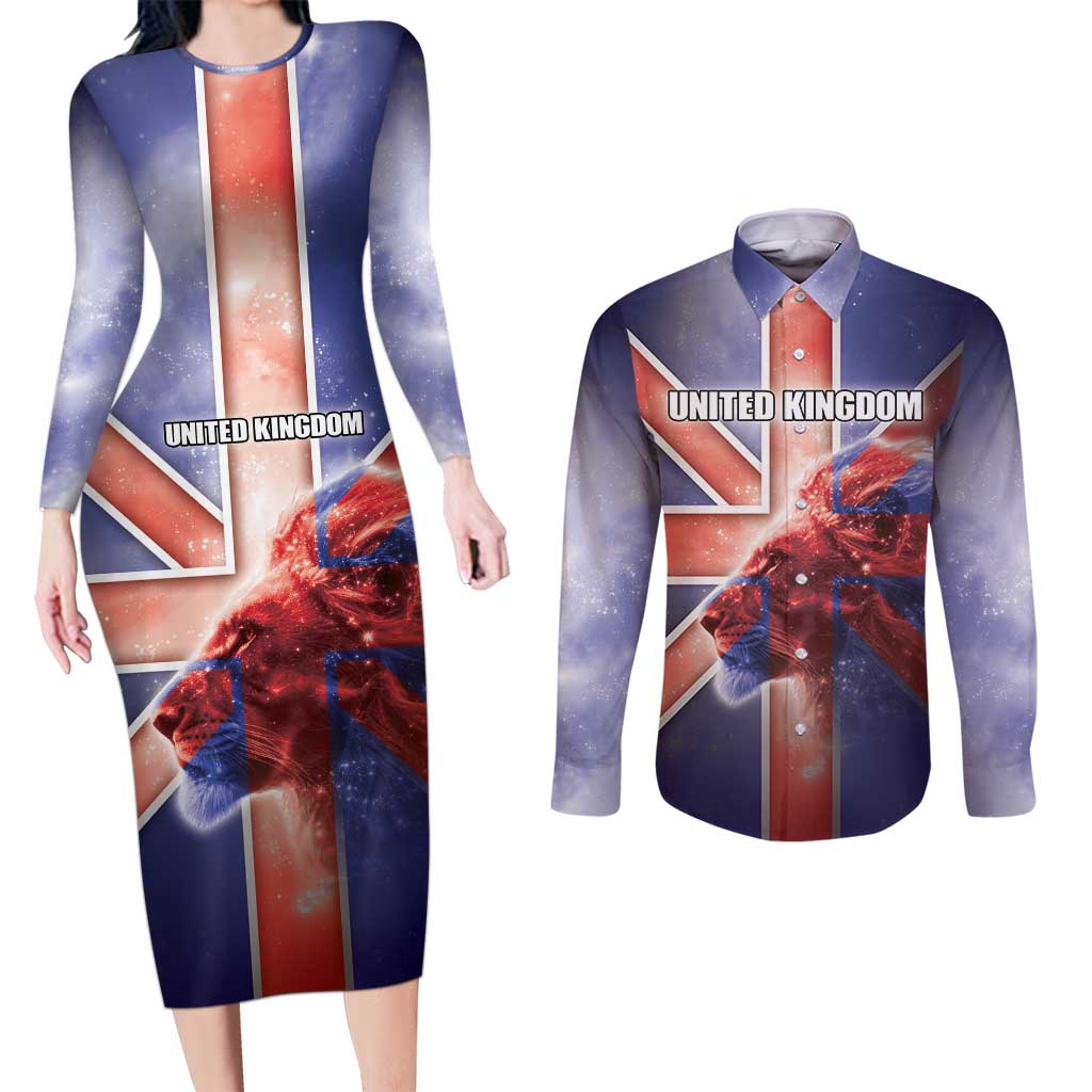 Personalized United Kingdom Couples Matching Long Sleeve Bodycon Dress and Long Sleeve Button Shirt British Lion Flag Style - Wonder Print Shop
