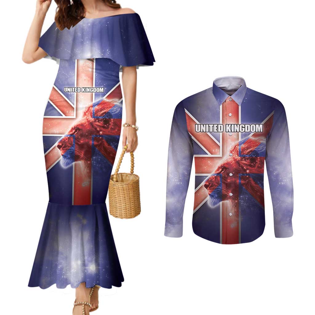 Personalized United Kingdom Couples Matching Mermaid Dress and Long Sleeve Button Shirt British Lion Flag Style - Wonder Print Shop