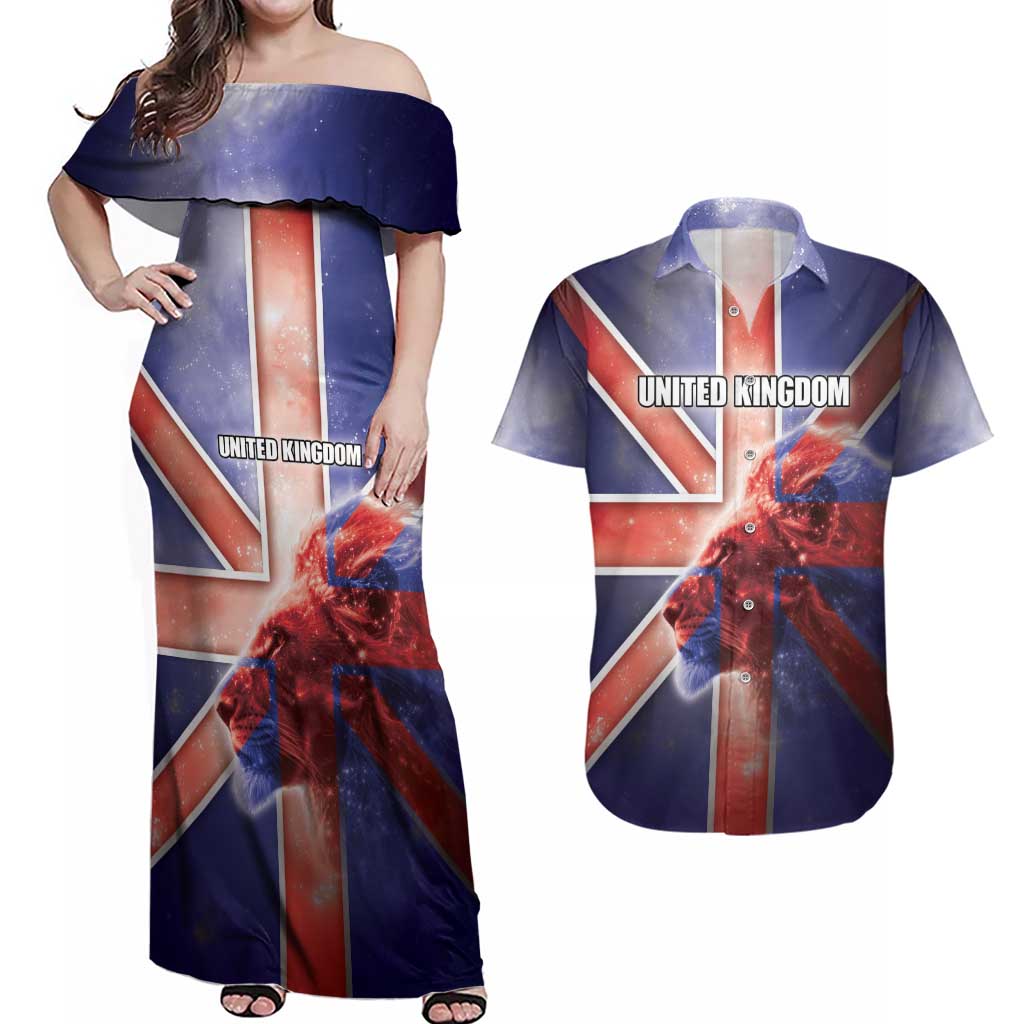 Personalized United Kingdom Couples Matching Off Shoulder Maxi Dress and Hawaiian Shirt British Lion Flag Style - Wonder Print Shop
