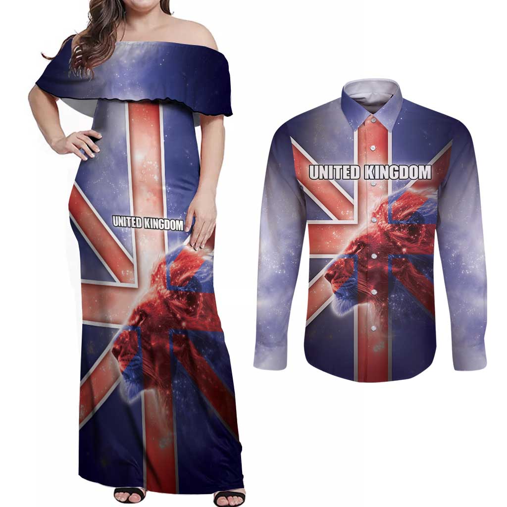 Personalized United Kingdom Couples Matching Off Shoulder Maxi Dress and Long Sleeve Button Shirt British Lion Flag Style - Wonder Print Shop