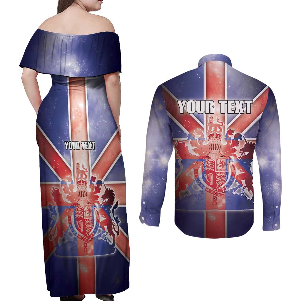 Personalized United Kingdom Couples Matching Off Shoulder Maxi Dress and Long Sleeve Button Shirt British Lion Flag Style - Wonder Print Shop