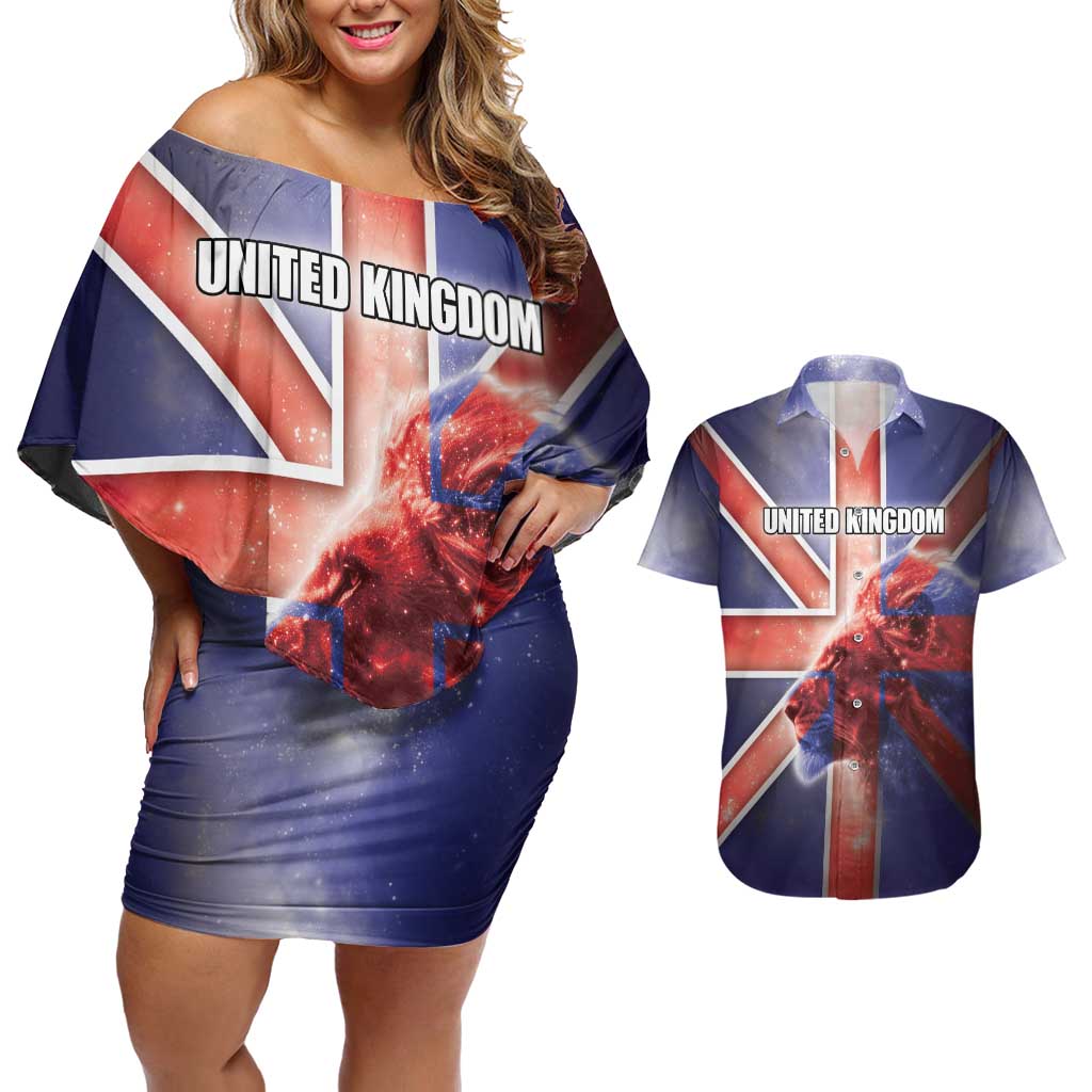 Personalized United Kingdom Couples Matching Off Shoulder Short Dress and Hawaiian Shirt British Lion Flag Style - Wonder Print Shop