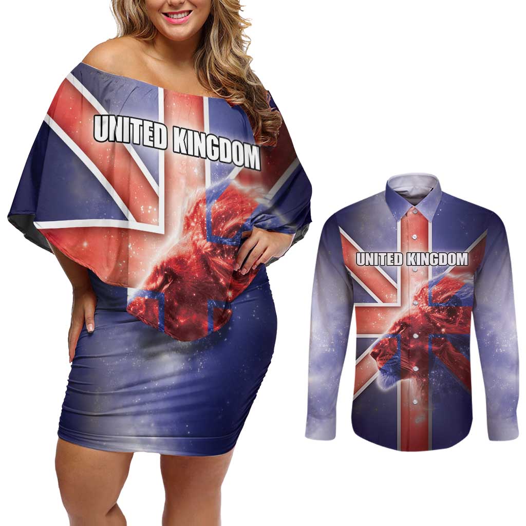 Personalized United Kingdom Couples Matching Off Shoulder Short Dress and Long Sleeve Button Shirt British Lion Flag Style - Wonder Print Shop