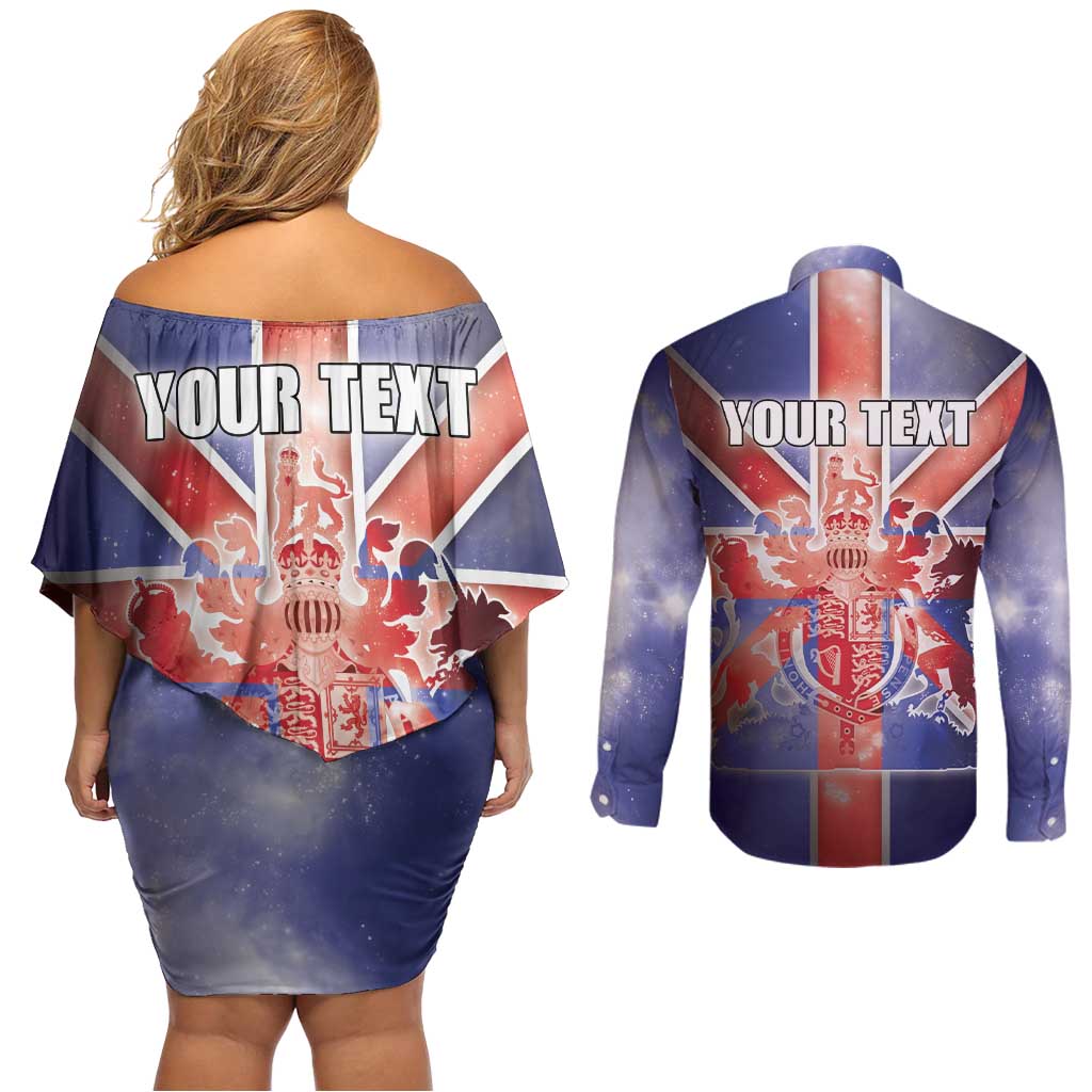 Personalized United Kingdom Couples Matching Off Shoulder Short Dress and Long Sleeve Button Shirt British Lion Flag Style - Wonder Print Shop