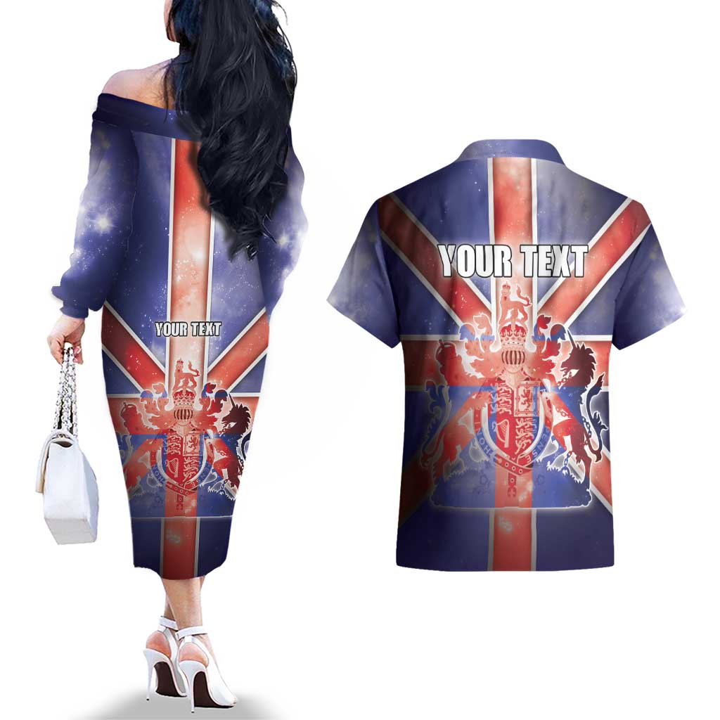 Personalized United Kingdom Couples Matching Off The Shoulder Long Sleeve Dress and Hawaiian Shirt British Lion Flag Style - Wonder Print Shop