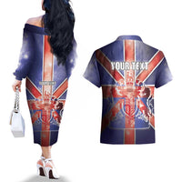 Personalized United Kingdom Couples Matching Off The Shoulder Long Sleeve Dress and Hawaiian Shirt British Lion Flag Style - Wonder Print Shop