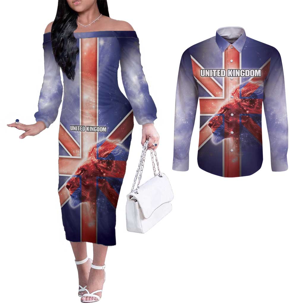 Personalized United Kingdom Couples Matching Off The Shoulder Long Sleeve Dress and Long Sleeve Button Shirt British Lion Flag Style - Wonder Print Shop