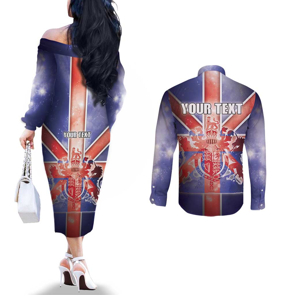 Personalized United Kingdom Couples Matching Off The Shoulder Long Sleeve Dress and Long Sleeve Button Shirt British Lion Flag Style - Wonder Print Shop