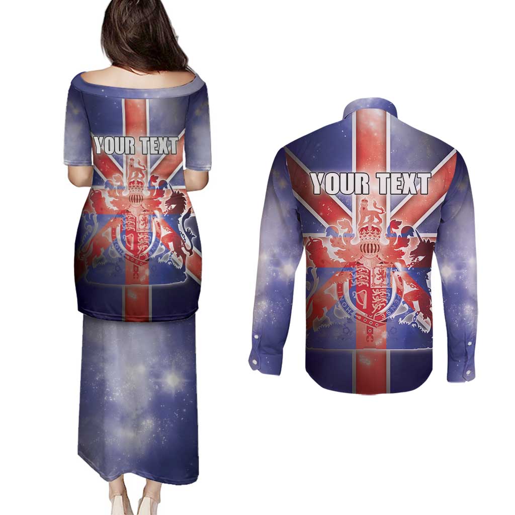 Personalized United Kingdom Couples Matching Puletasi and Long Sleeve Button Shirt British Lion Flag Style - Wonder Print Shop