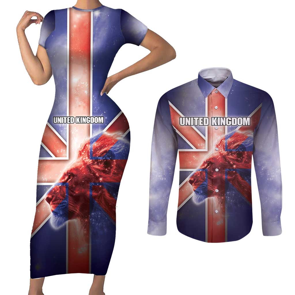 Personalized United Kingdom Couples Matching Short Sleeve Bodycon Dress and Long Sleeve Button Shirt British Lion Flag Style - Wonder Print Shop