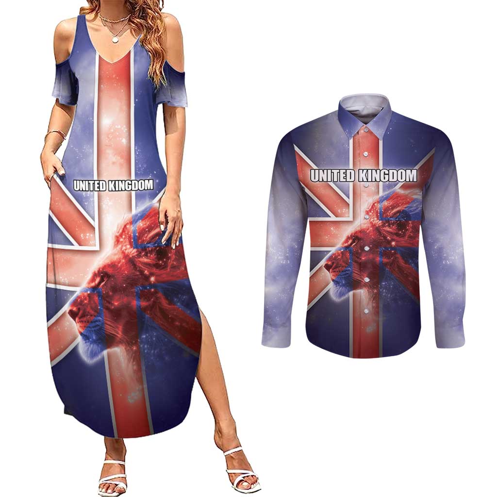 Personalized United Kingdom Couples Matching Summer Maxi Dress and Long Sleeve Button Shirt British Lion Flag Style - Wonder Print Shop