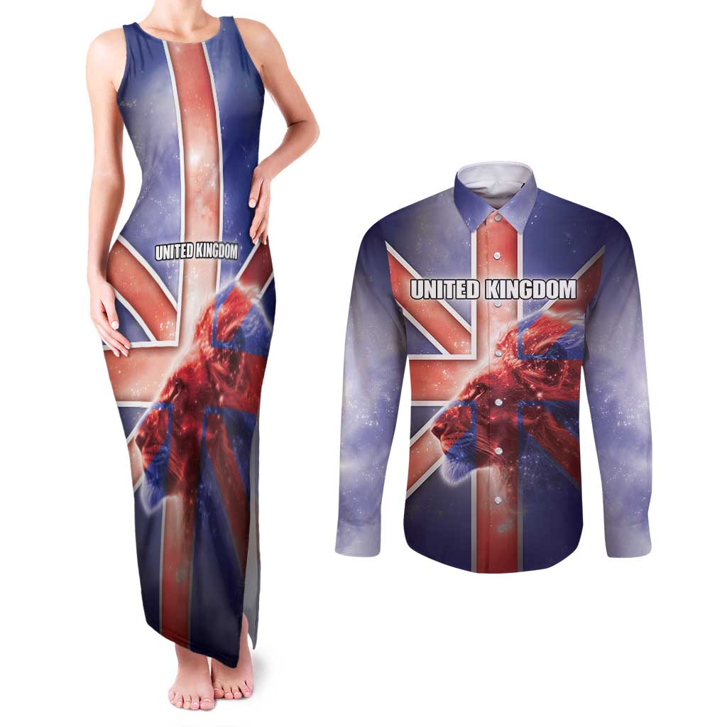 Personalized United Kingdom Couples Matching Tank Maxi Dress and Long Sleeve Button Shirt British Lion Flag Style - Wonder Print Shop