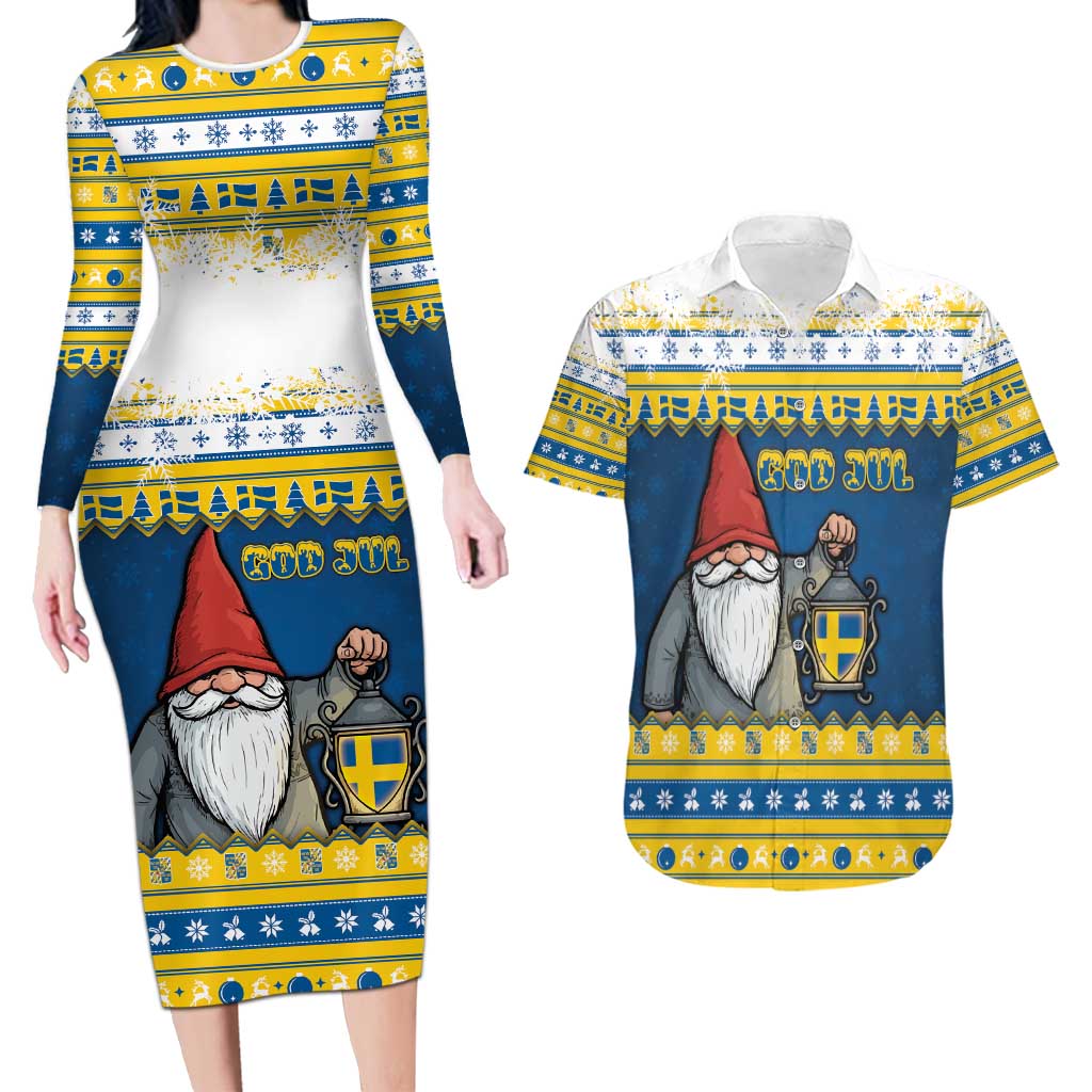 Sweden Christmas Couples Matching Long Sleeve Bodycon Dress and Hawaiian Shirt Tomte God Jul - Wonder Print Shop