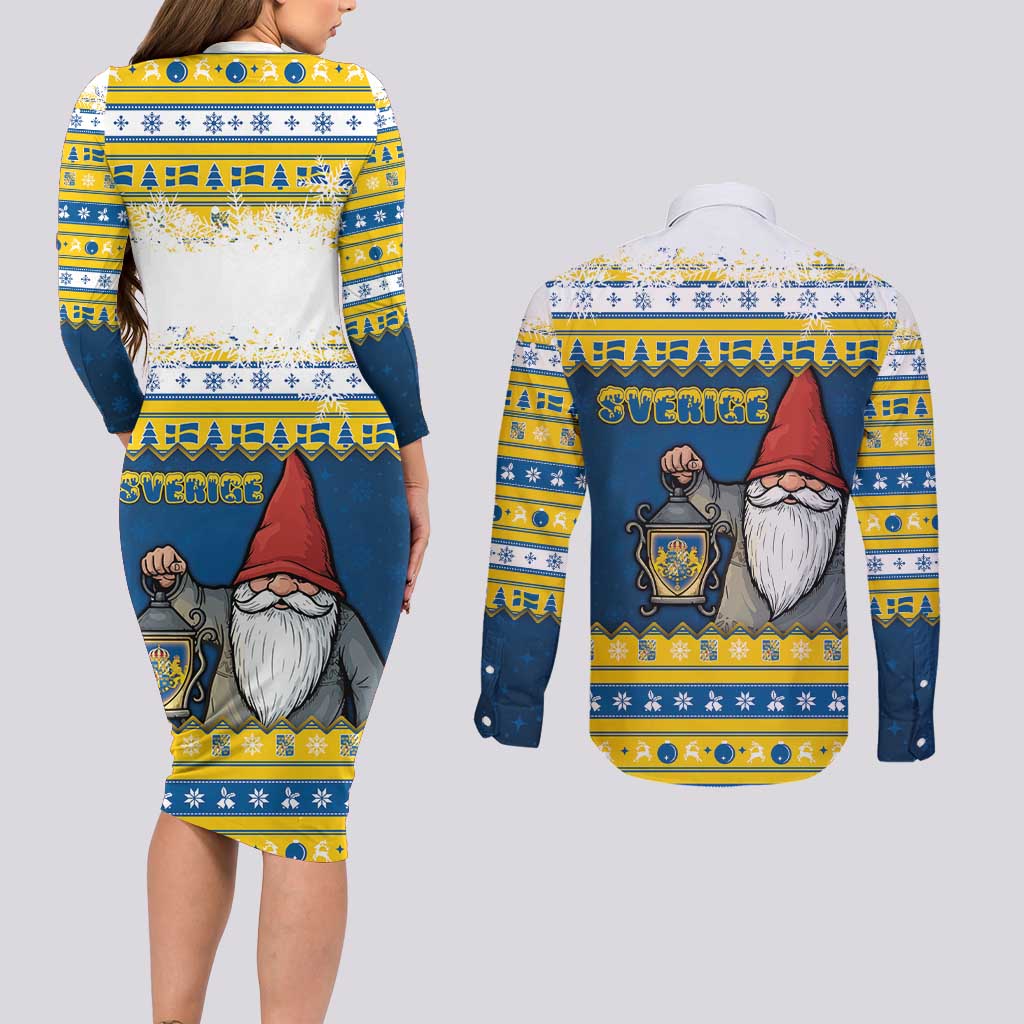 Sweden Christmas Couples Matching Long Sleeve Bodycon Dress and Long Sleeve Button Shirt Tomte God Jul - Wonder Print Shop