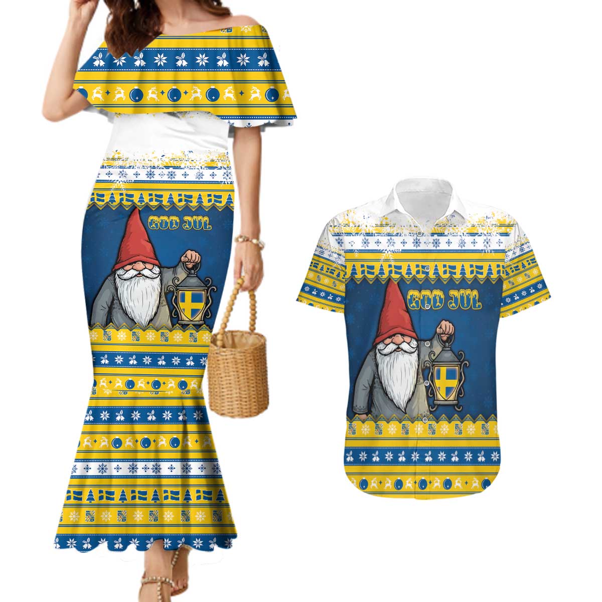 Sweden Christmas Couples Matching Mermaid Dress and Hawaiian Shirt Tomte God Jul - Wonder Print Shop