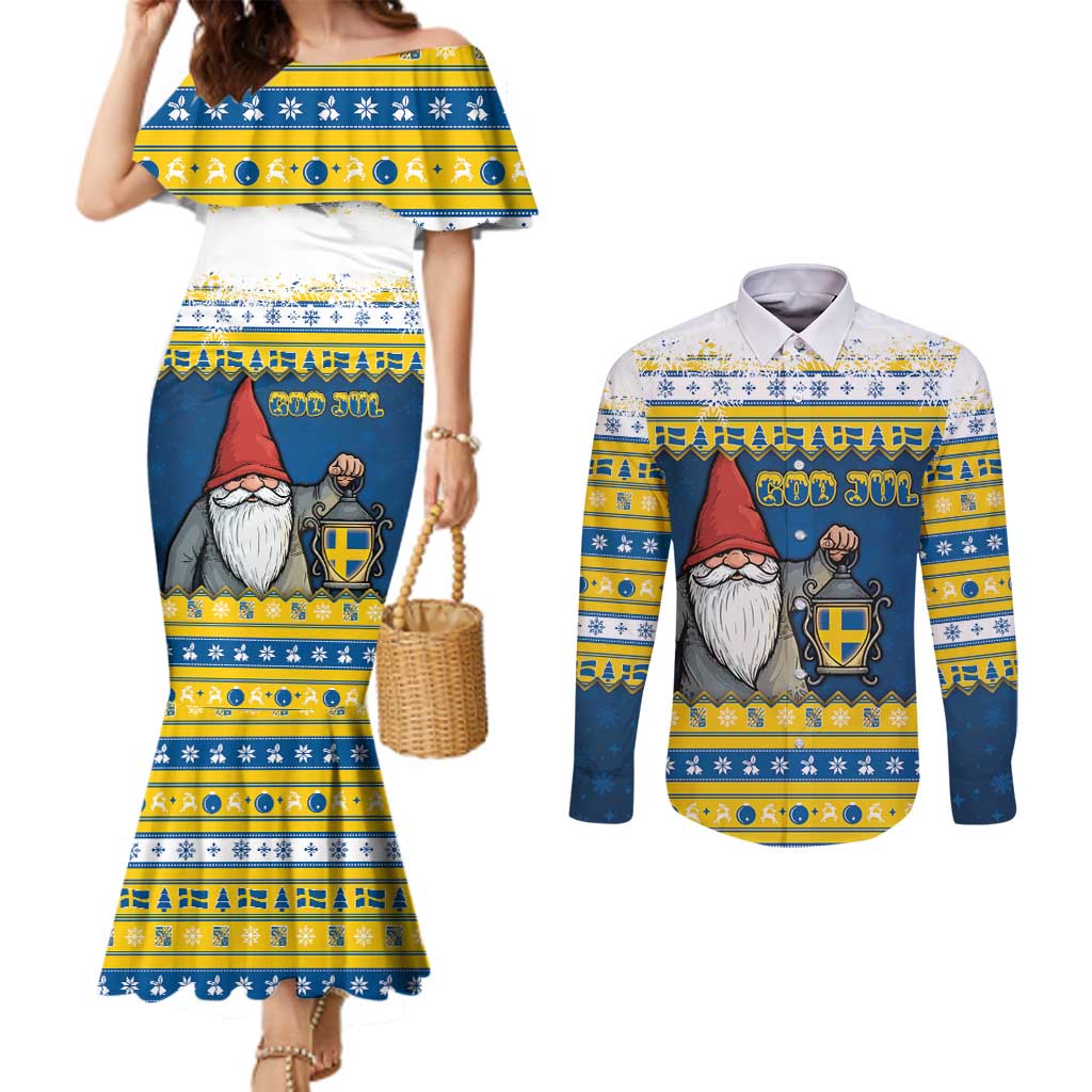 Sweden Christmas Couples Matching Mermaid Dress and Long Sleeve Button Shirt Tomte God Jul - Wonder Print Shop