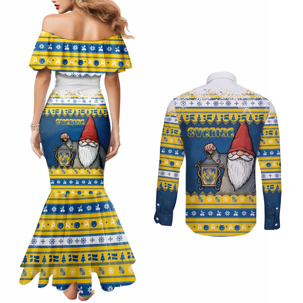 Sweden Christmas Couples Matching Mermaid Dress and Long Sleeve Button Shirt Tomte God Jul - Wonder Print Shop