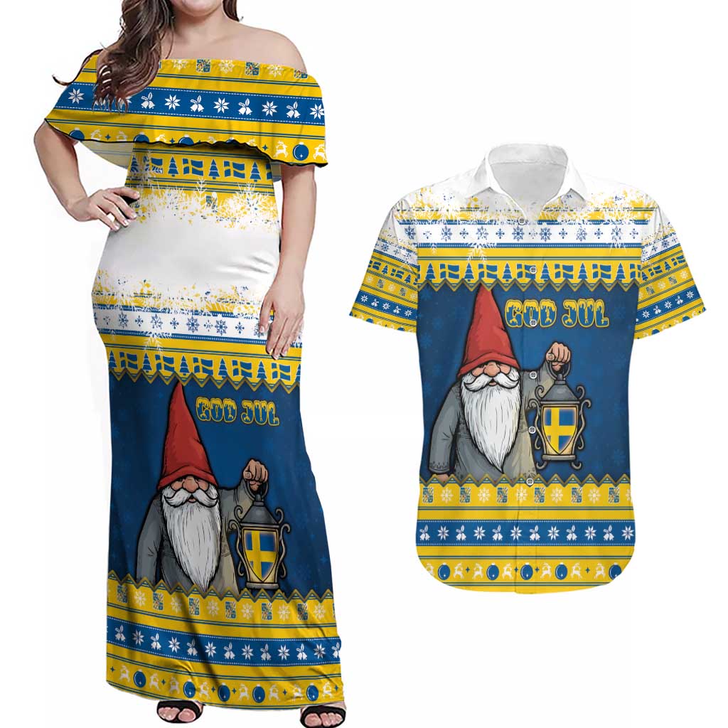 Sweden Christmas Couples Matching Off Shoulder Maxi Dress and Hawaiian Shirt Tomte God Jul - Wonder Print Shop