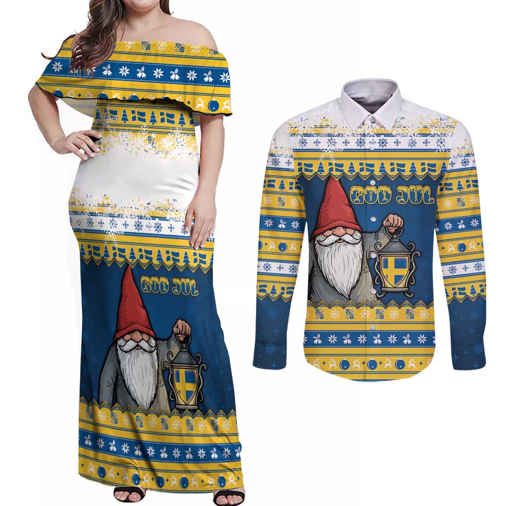 Sweden Christmas Couples Matching Off Shoulder Maxi Dress and Long Sleeve Button Shirt Tomte God Jul - Wonder Print Shop