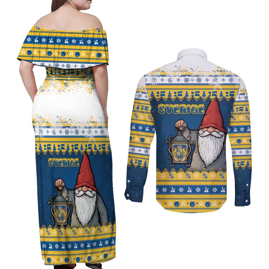 Sweden Christmas Couples Matching Off Shoulder Maxi Dress and Long Sleeve Button Shirt Tomte God Jul - Wonder Print Shop