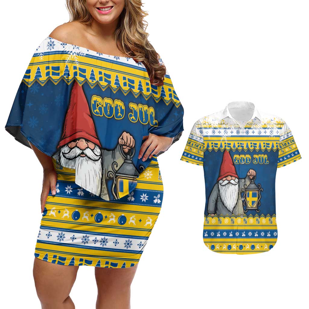 Sweden Christmas Couples Matching Off Shoulder Short Dress and Hawaiian Shirt Tomte God Jul - Wonder Print Shop
