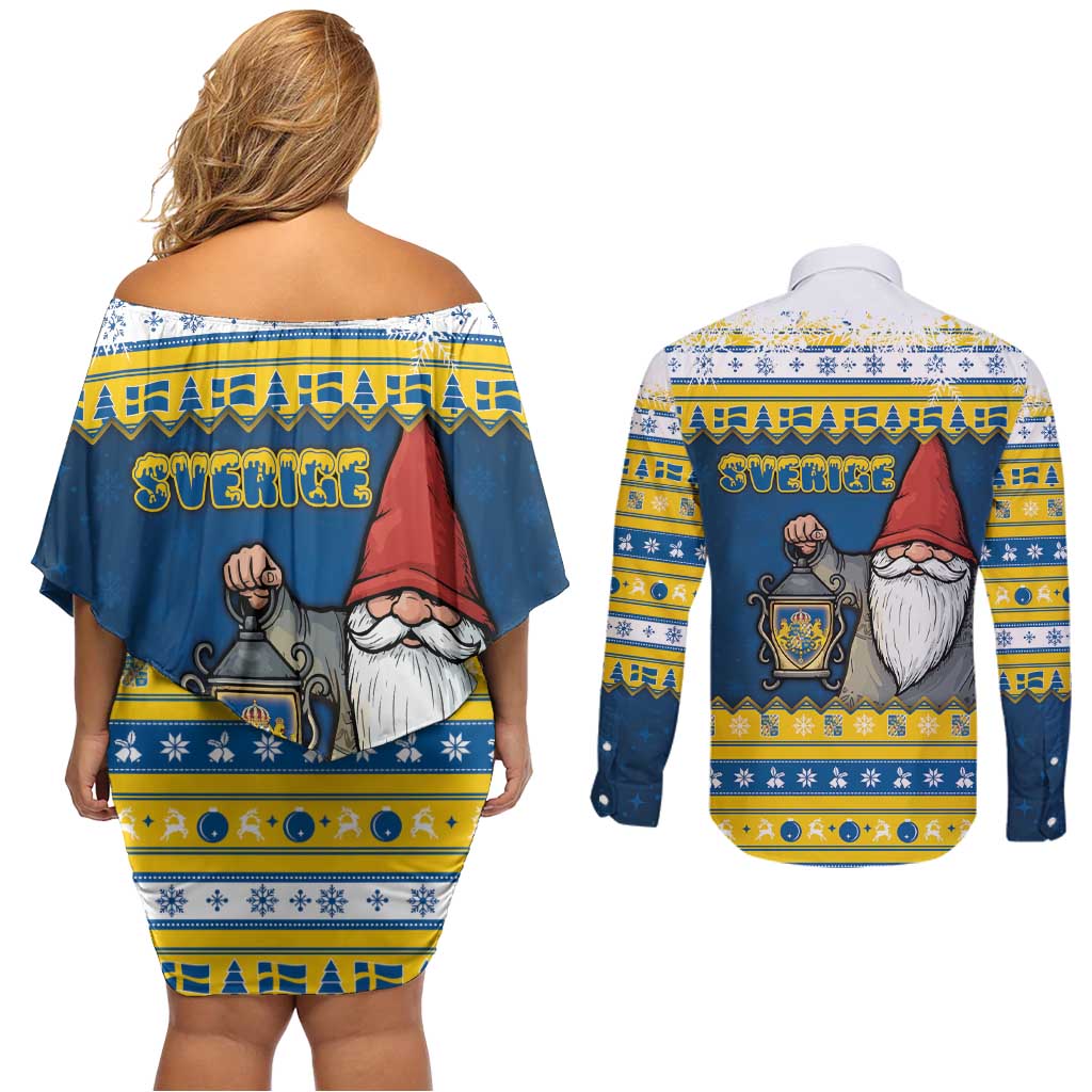 Sweden Christmas Couples Matching Off Shoulder Short Dress and Long Sleeve Button Shirt Tomte God Jul - Wonder Print Shop