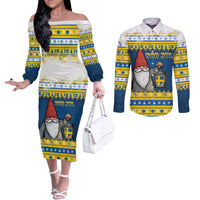 Sweden Christmas Couples Matching Off The Shoulder Long Sleeve Dress and Long Sleeve Button Shirt Tomte God Jul - Wonder Print Shop