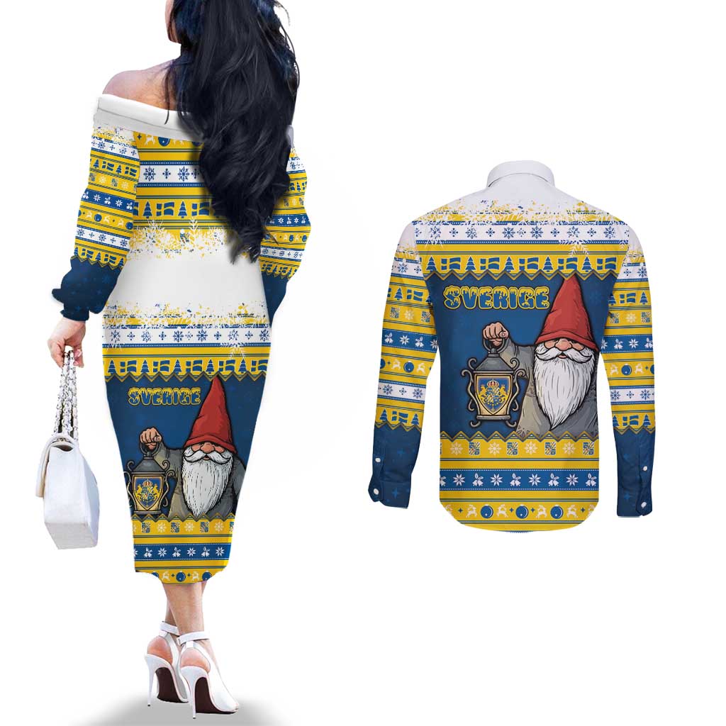 Sweden Christmas Couples Matching Off The Shoulder Long Sleeve Dress and Long Sleeve Button Shirt Tomte God Jul - Wonder Print Shop