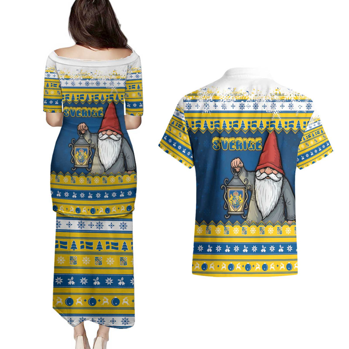 Sweden Christmas Couples Matching Puletasi and Hawaiian Shirt Tomte God Jul - Wonder Print Shop