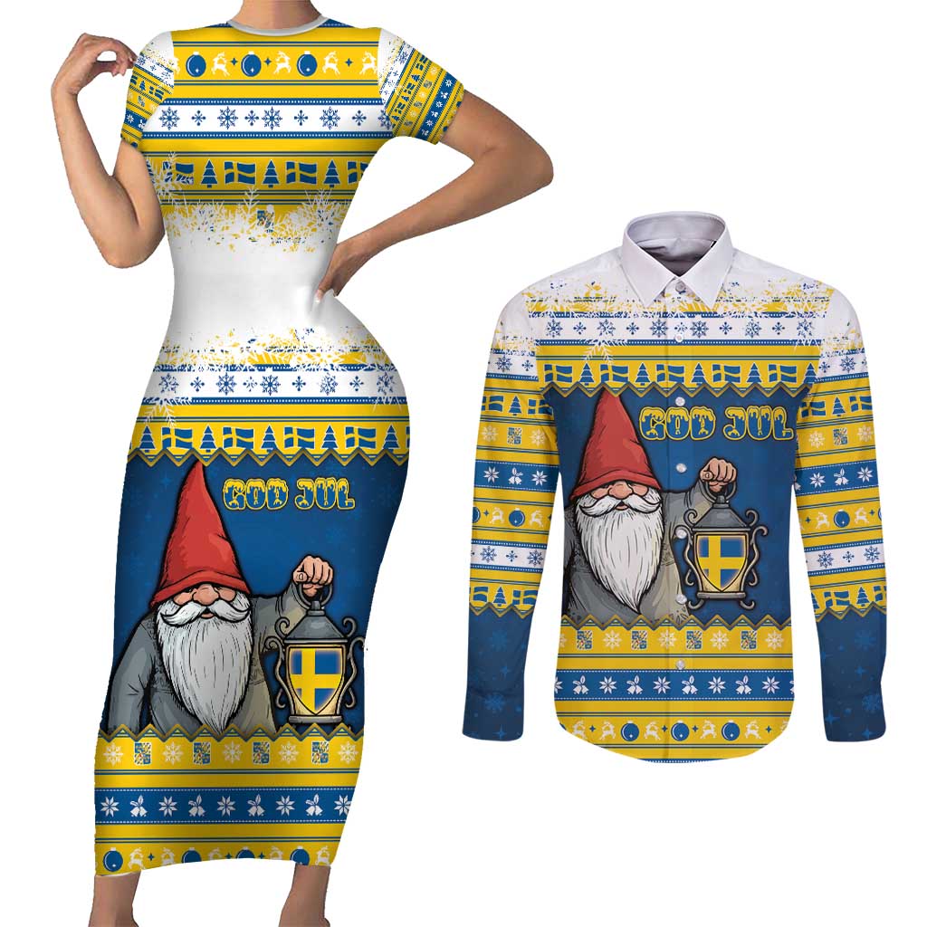 Sweden Christmas Couples Matching Short Sleeve Bodycon Dress and Long Sleeve Button Shirt Tomte God Jul - Wonder Print Shop