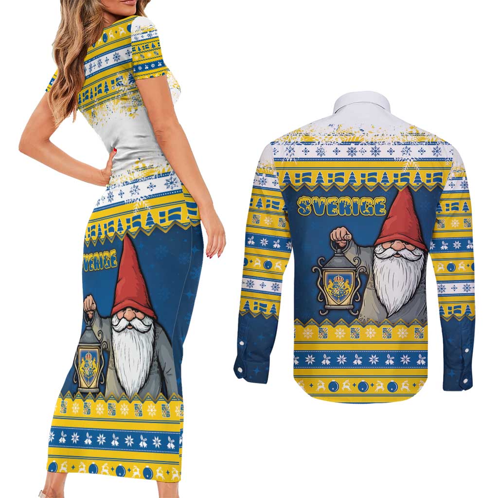 Sweden Christmas Couples Matching Short Sleeve Bodycon Dress and Long Sleeve Button Shirt Tomte God Jul - Wonder Print Shop