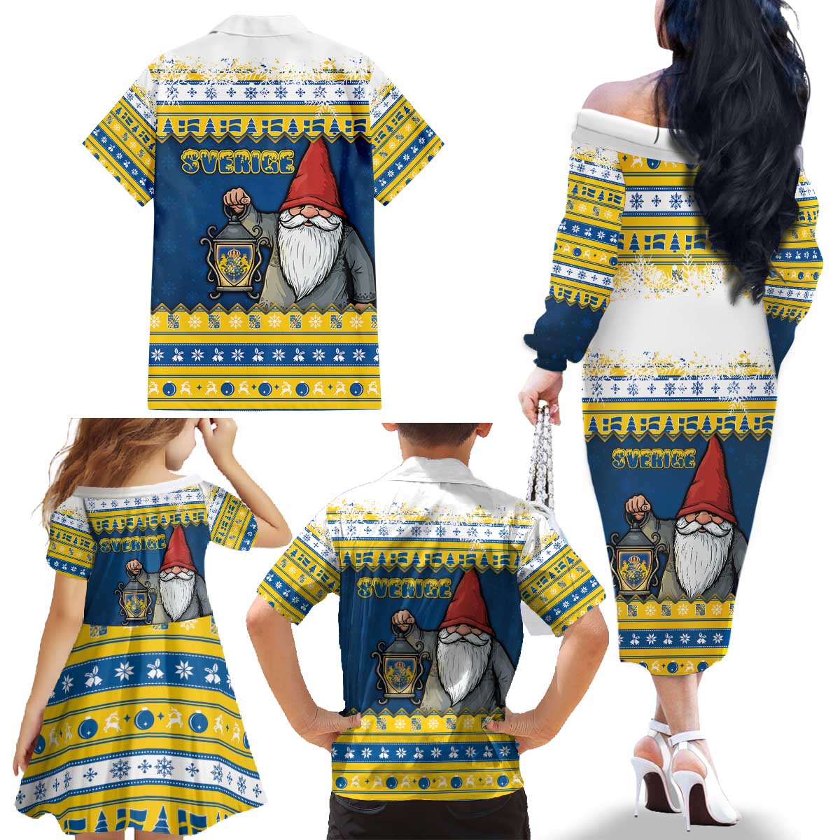 Sweden Christmas Family Matching Off The Shoulder Long Sleeve Dress and Hawaiian Shirt Tomte God Jul - Wonder Print Shop