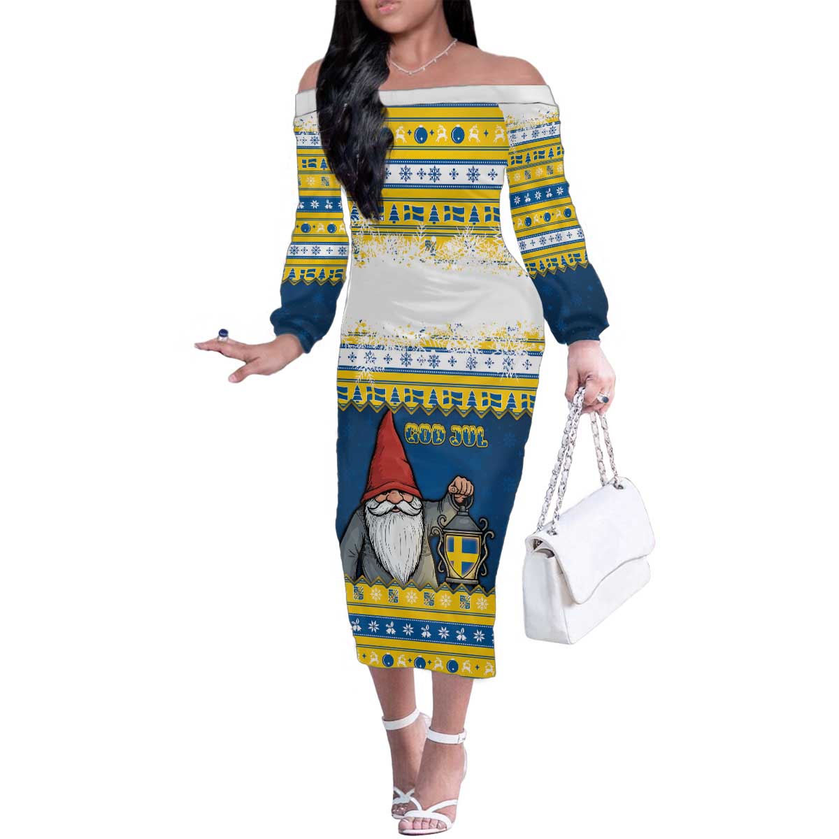 Sweden Christmas Family Matching Off The Shoulder Long Sleeve Dress and Hawaiian Shirt Tomte God Jul - Wonder Print Shop